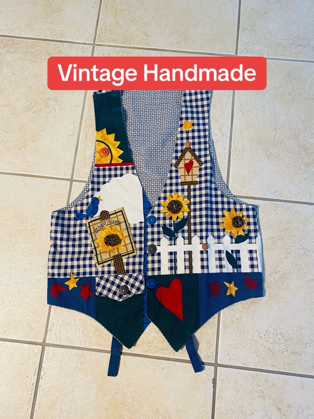 Vintage Blue Gingham Patchwork Sunflower Birdhouse Vest